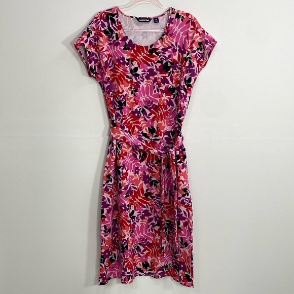Lands'End Cotton Pullover Dress Leaf Print Cap Sleeve Women's Medium - Picture 1 of 13
